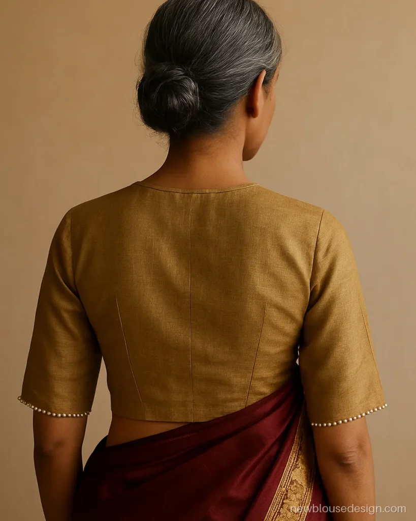 Antique gold cotton silk blouse with high round back and pearl edged elbow sleeves