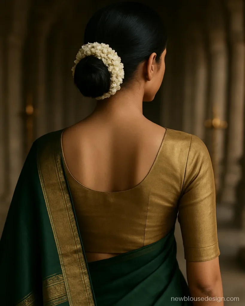 Plain golden blouse design in antique gold silk with round back and elbow sleeves
