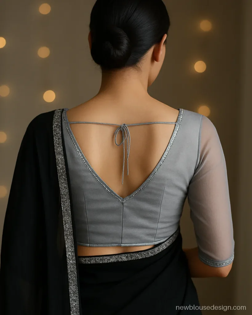 Silver grey georgette blouse with sequin edged V back and sheer sleeves