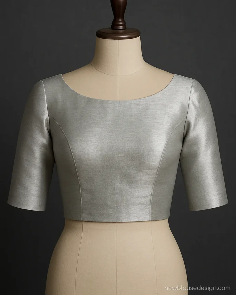 Silver tissue blouse front with wide boat neck and elbow sleeves