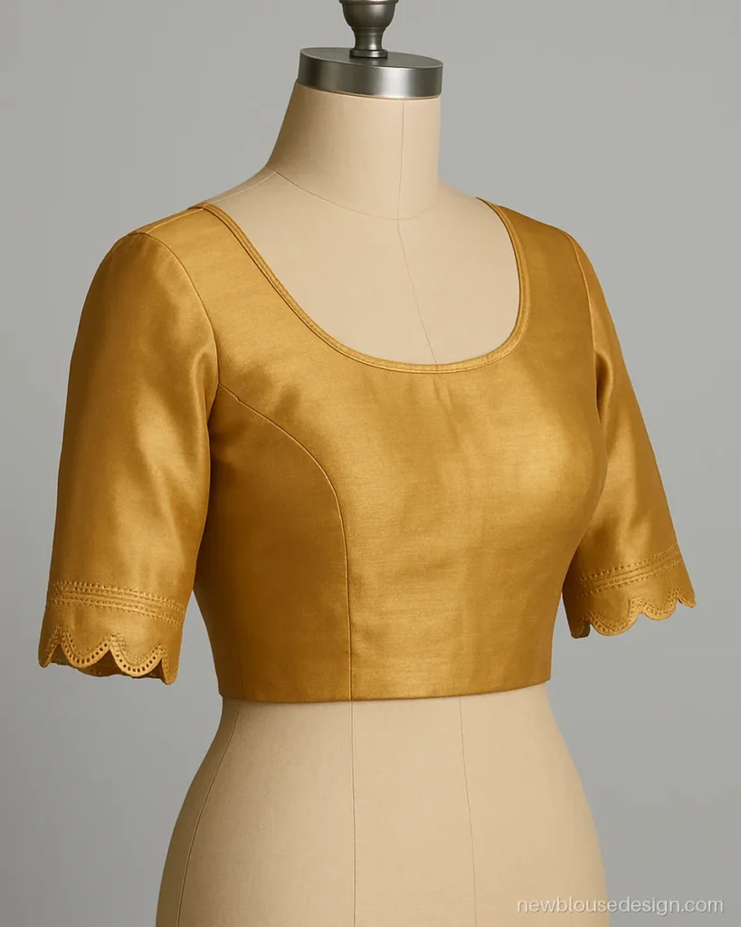 Gold silk blouse with elbow sleeves finished in a scalloped zari cutwork edge