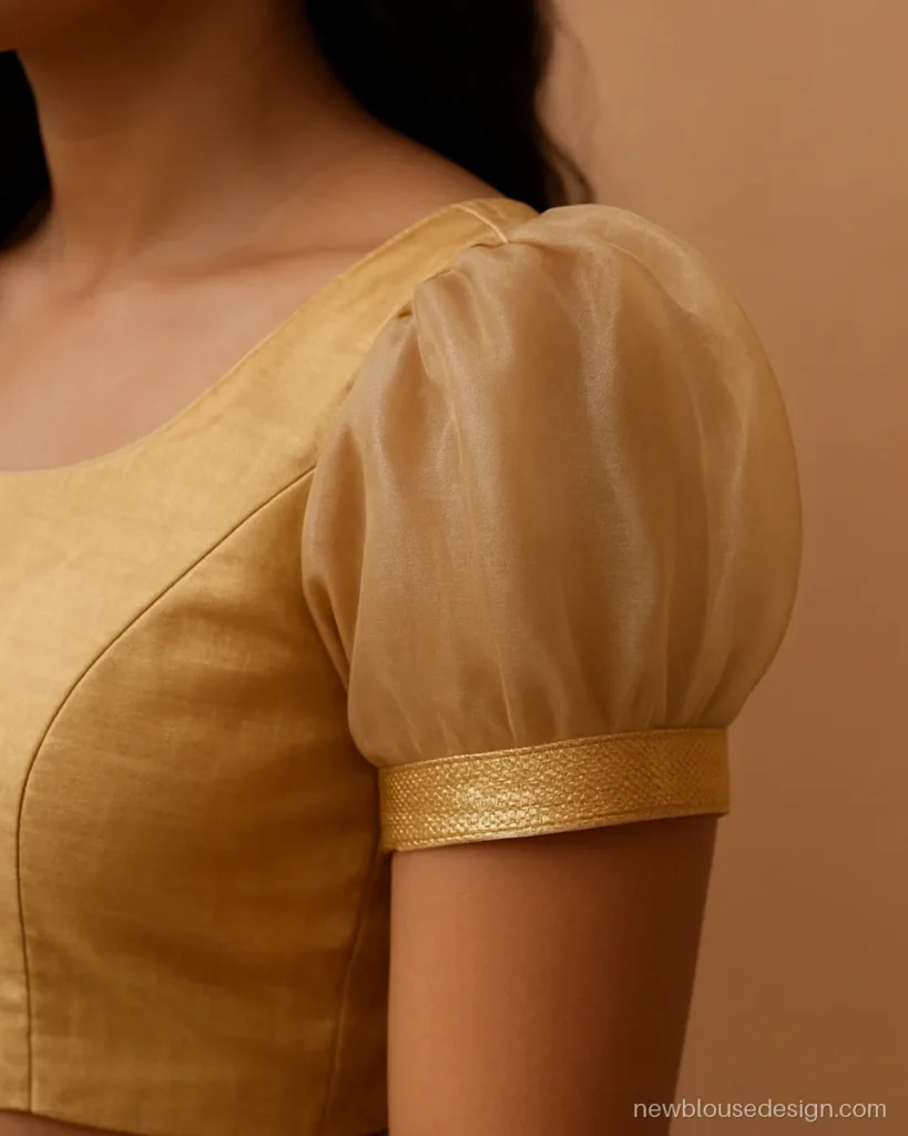 Golden blouse with short sheer tissue puff sleeves and a thin zari band