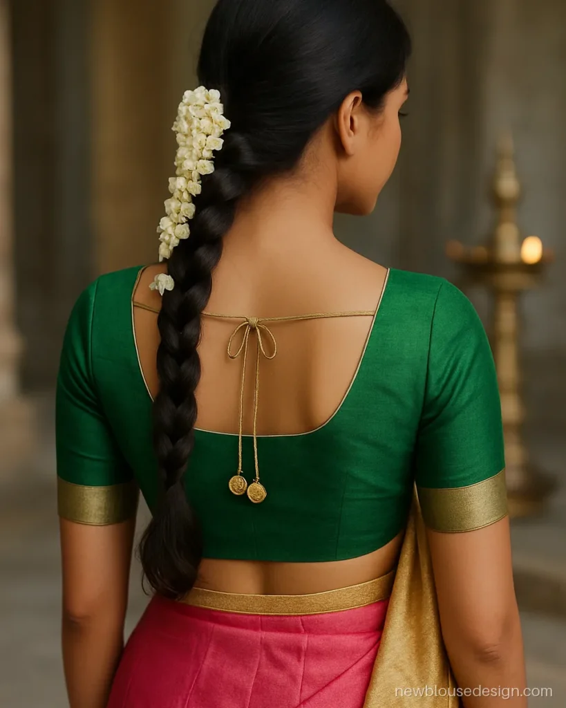 Half saree blouse back design in parrot green pattu with a boat neck and gold latkans