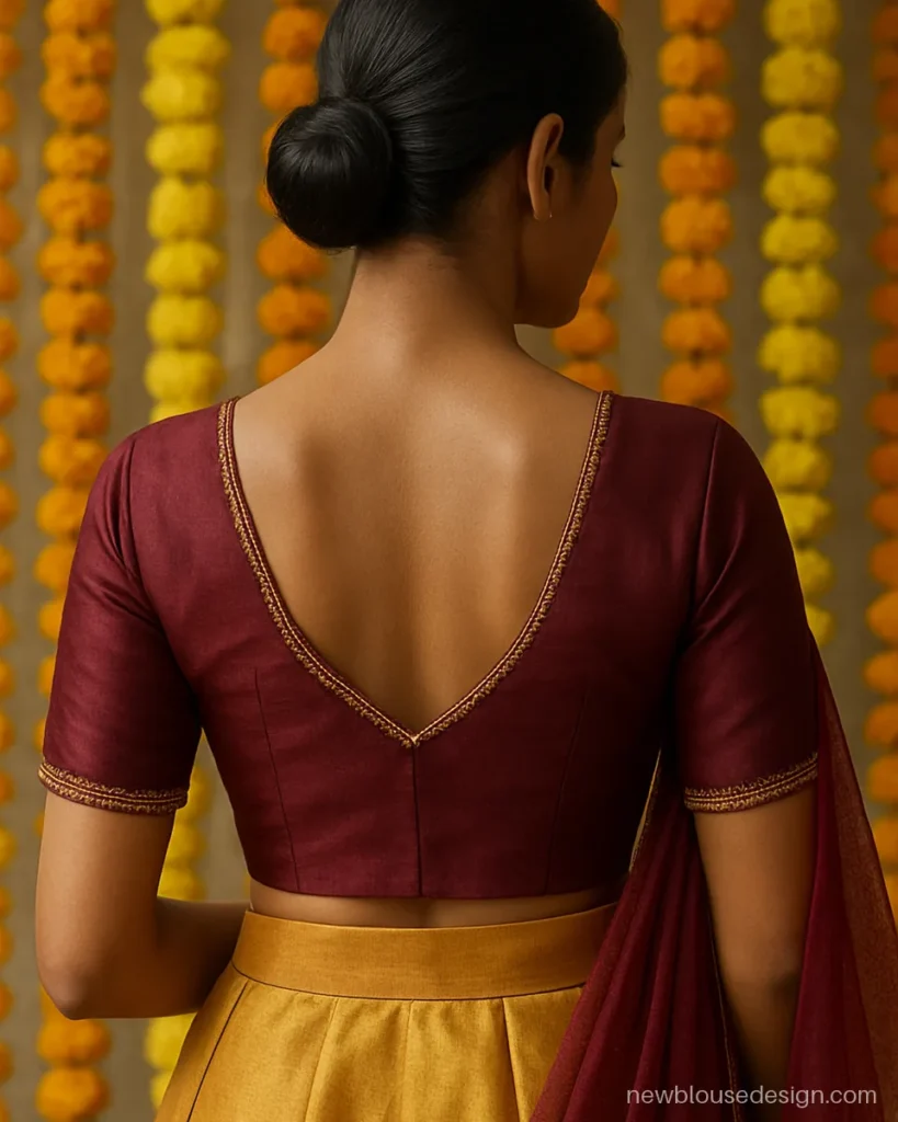 Blouse design for half saree back side in maroon silk with a paan neck and maggam border