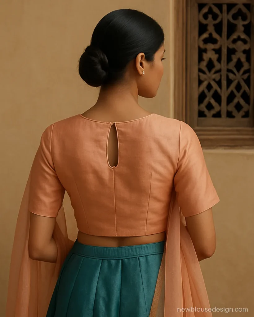 Half saree back blouse design in peach silk with a round neck and a small keyhole