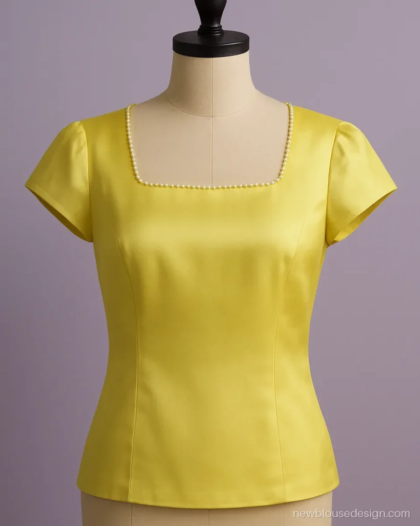 Half saree blouse front design in lemon silk with a square neck and pearl edge