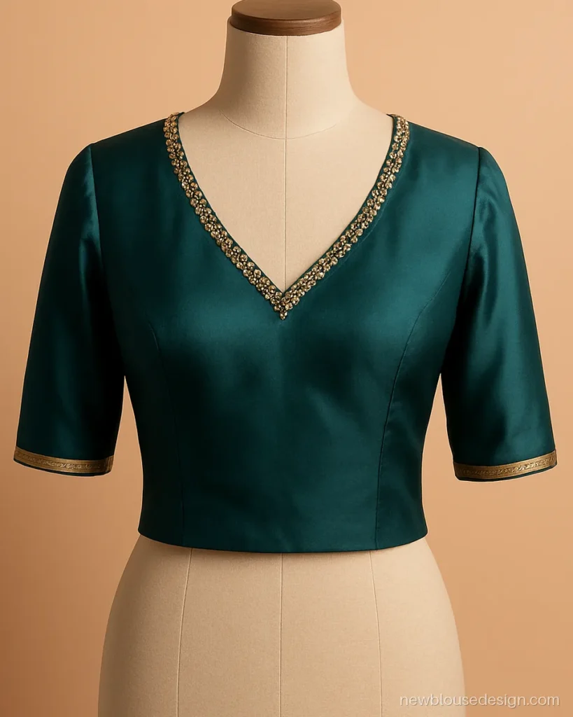 Half saree front blouse design in teal silk with a soft V neck and kundan edge