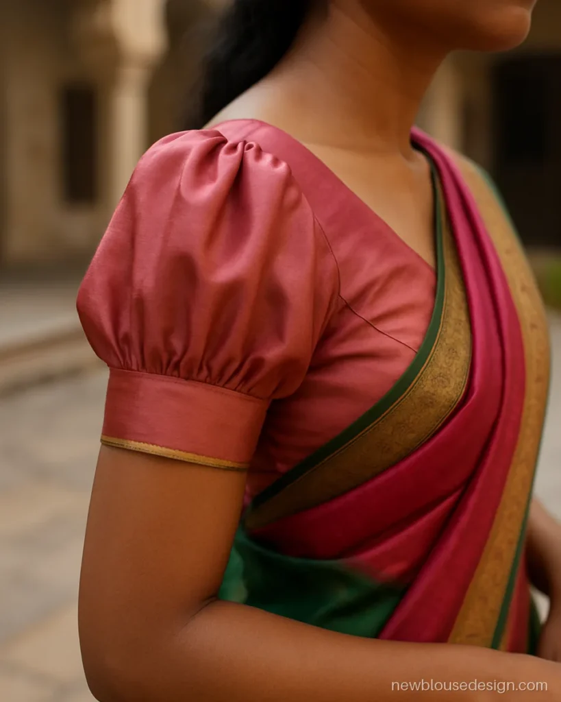 Langa blouse design in rose pink silk with short puff sleeves and gold piping