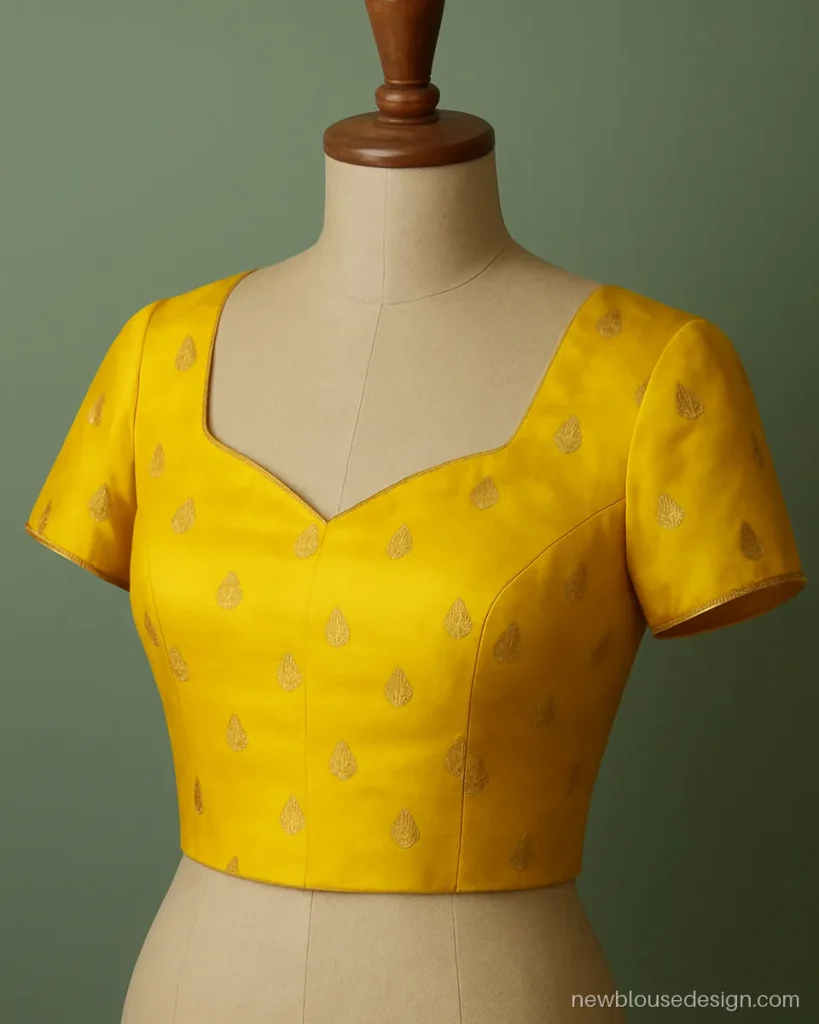 Langa davani blouse design in yellow silk with small gold mango butis all over
