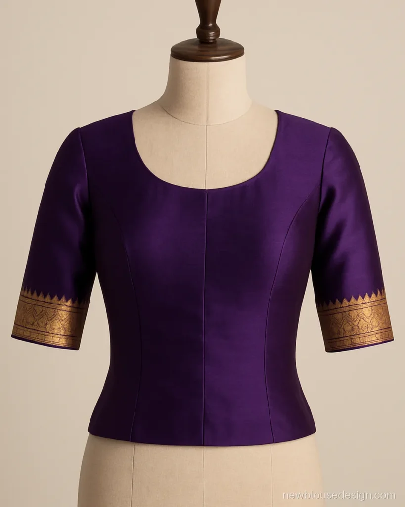 Langa voni blouse design in purple silk with temple border elbow sleeves