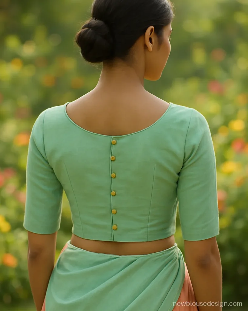Half saree blouse design for women in mint cotton silk with a button back