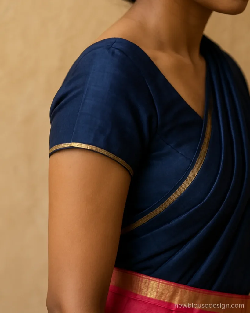 Simple half saree blouse design in navy chanderi with cap sleeves and gold edge