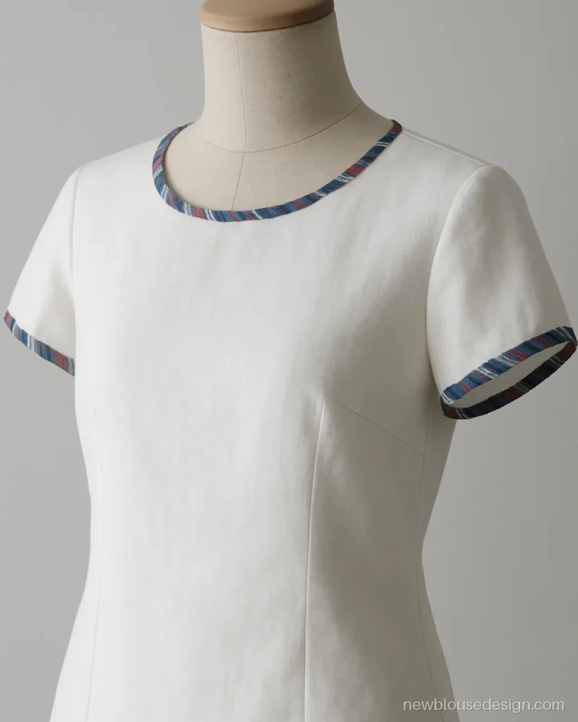 Simple blouse design for half saree in white cotton with ikat piping on the neck