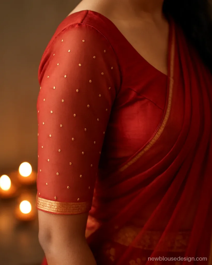Half saree blouse hand design in red silk with sheer net sleeves and zari dots