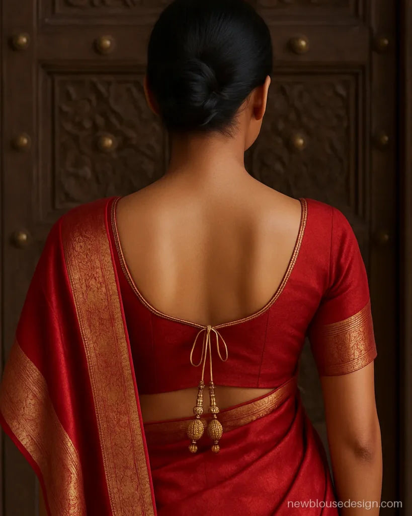 Saree blouse back design in red Banarasi silk with a deep U neck and gold dori latkans