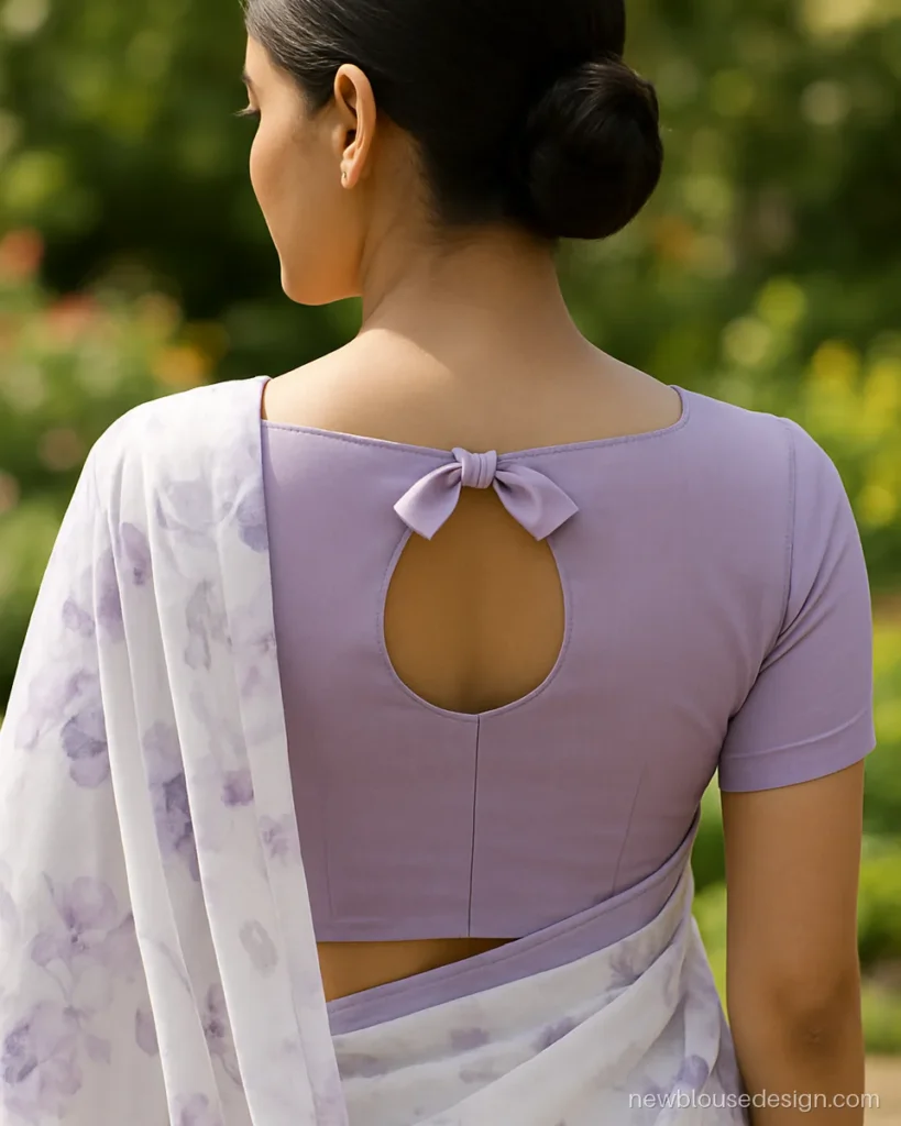 Ladies blouse design with a keyhole back and a soft self bow in lilac georgette