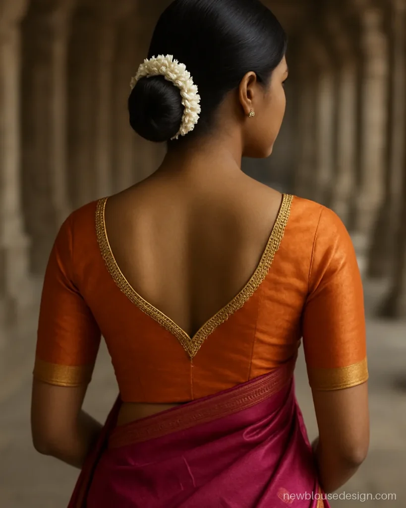 Paan back blouse design in orange pattu silk with gold maggam work on the edge