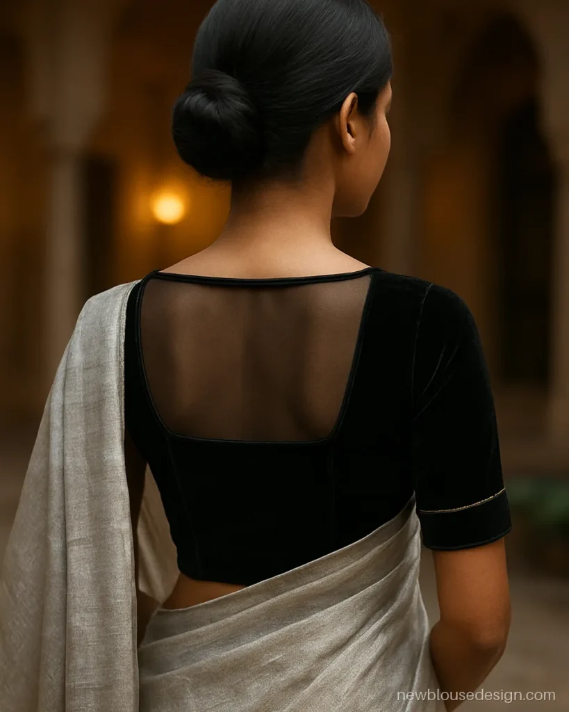 Blouse design for women in black velvet with a sheer net back panel and zari edge