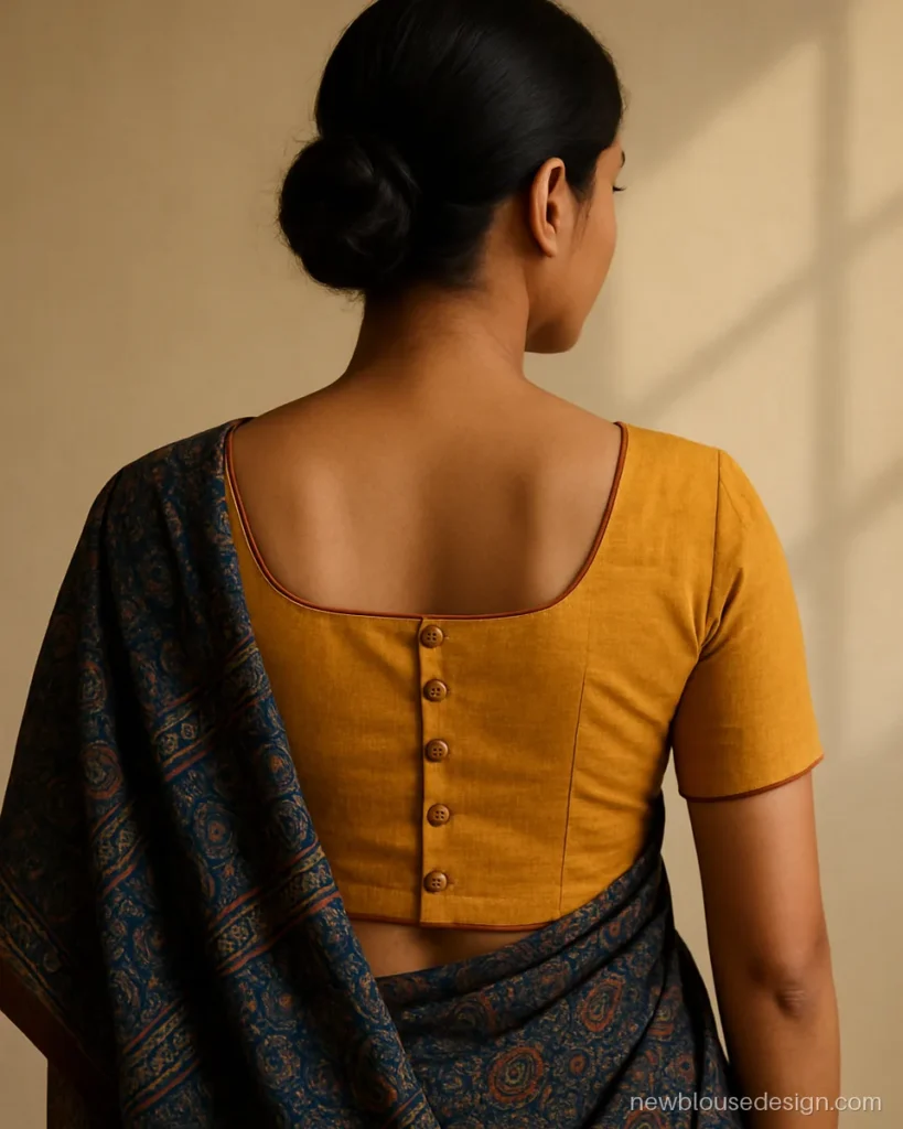 Simple square back blouse design in mustard cotton with a row of wooden buttons