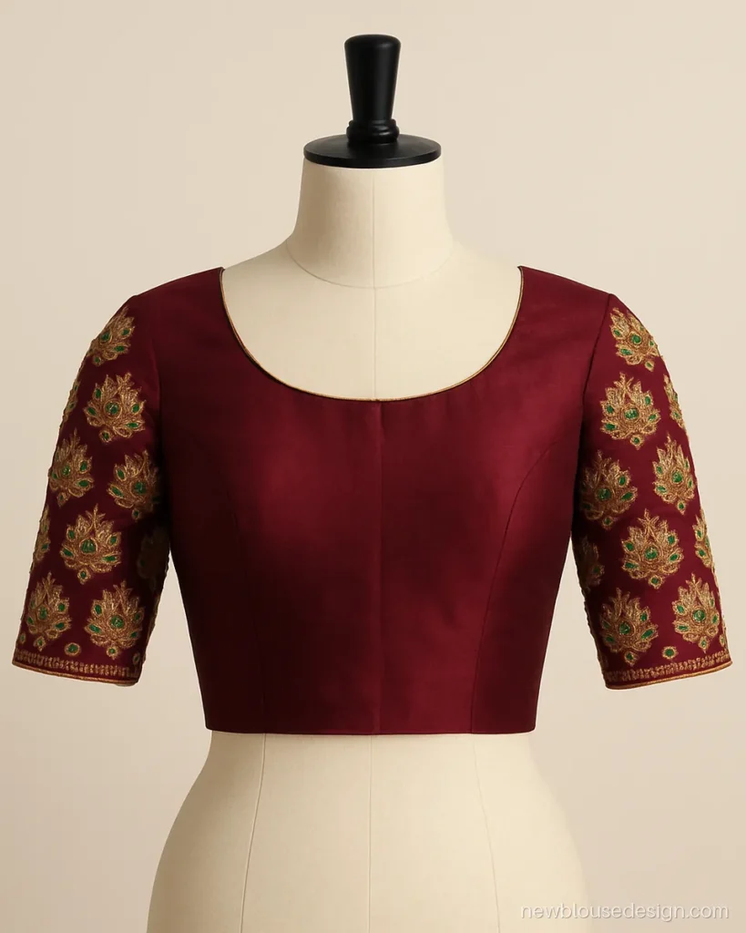 Maroon silk bridal blouse with maggam lotus motifs on elbow sleeves