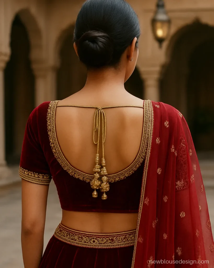 Bridal blouse in red velvet with zardosi coil work around a deep round back