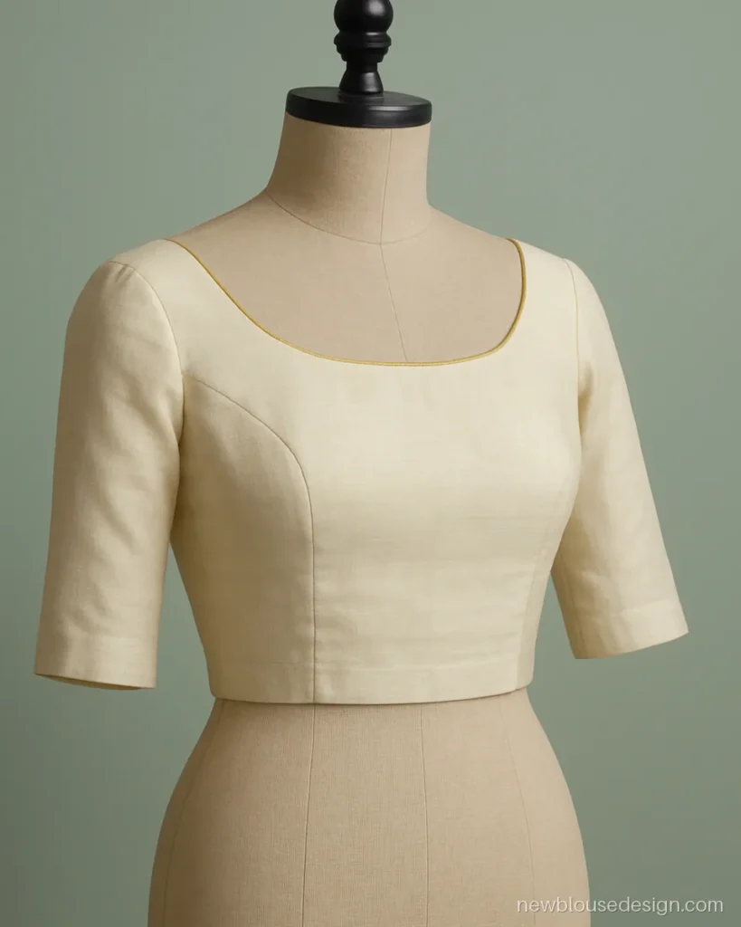 Boat neck front blouse in ivory chanderi with a thin gold edge and elbow sleeves
