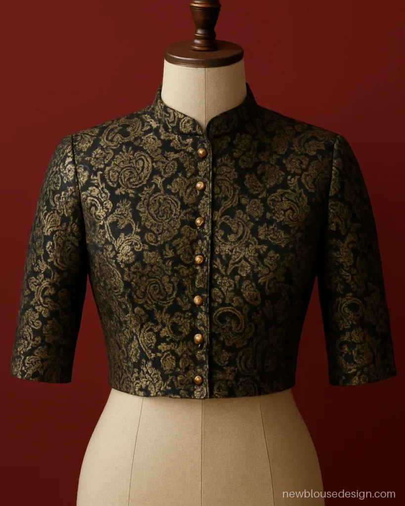 High collar front blouse design in black brocade with gold buttons