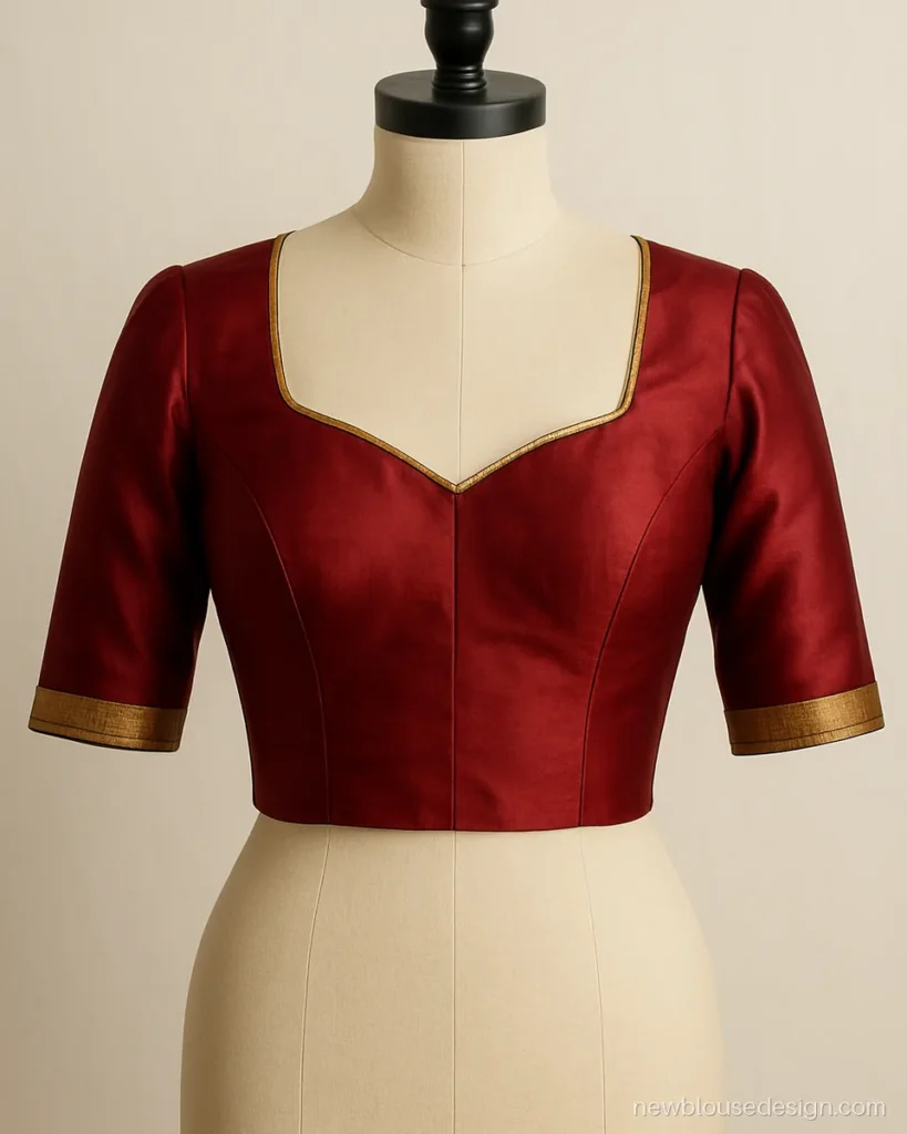 Sweetheart neck blouse ke design in wine silk with gold zari piping on the front