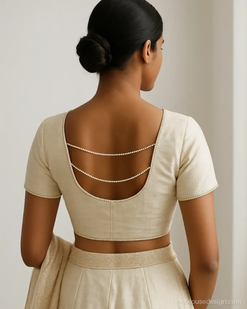 Lehenga blouse in ivory silk with pearl strings across an open back