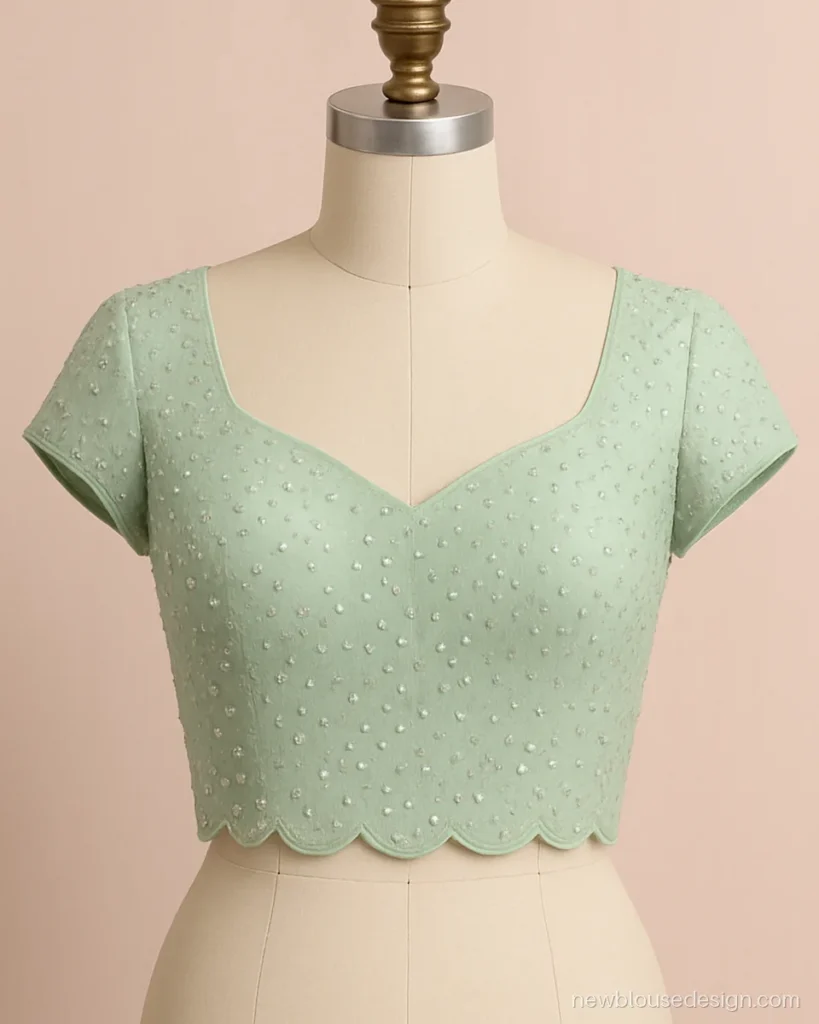 Lehenga blouse in mint georgette with sequin work and a sweetheart neck