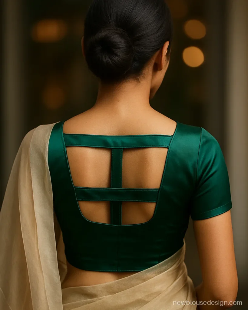 Fancy blouse design in emerald satin with twin cutouts on the back