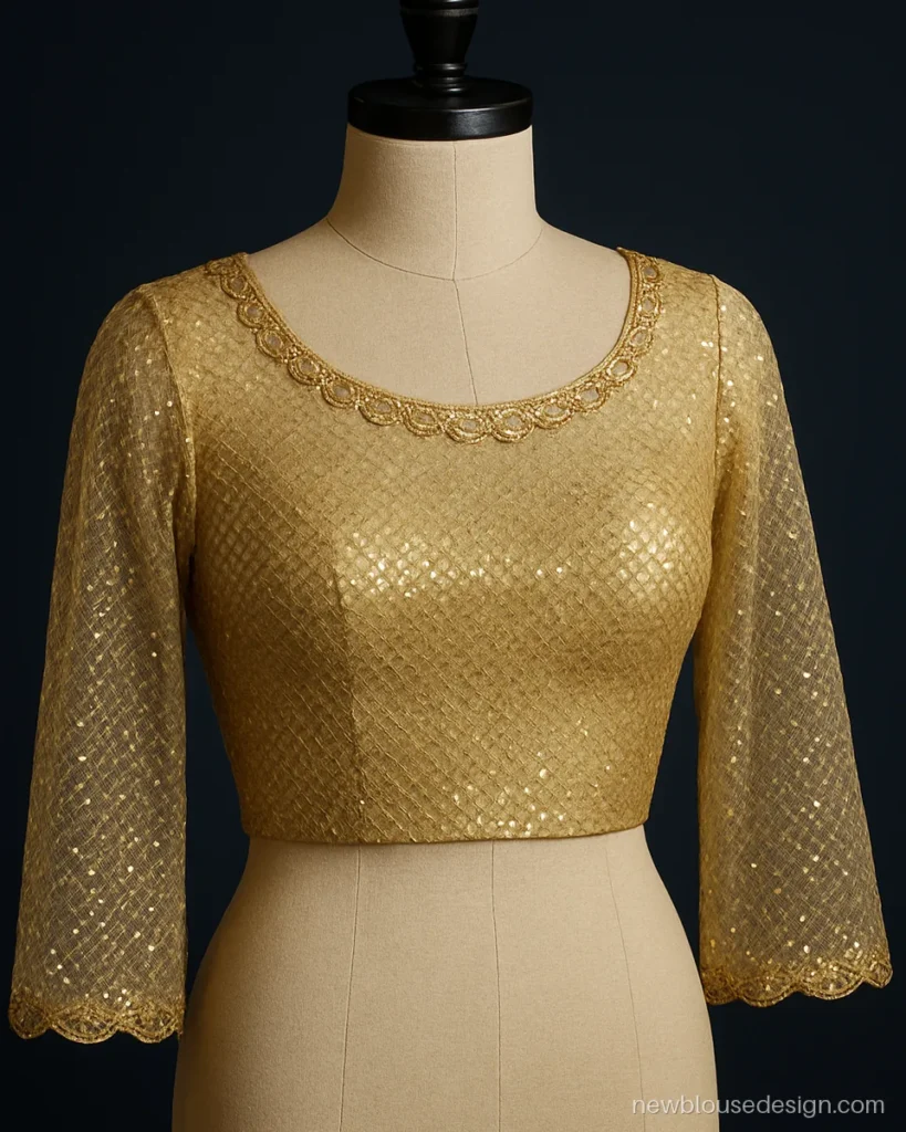 Gold net blouse with full sheer sleeves and sequin scallops for parties