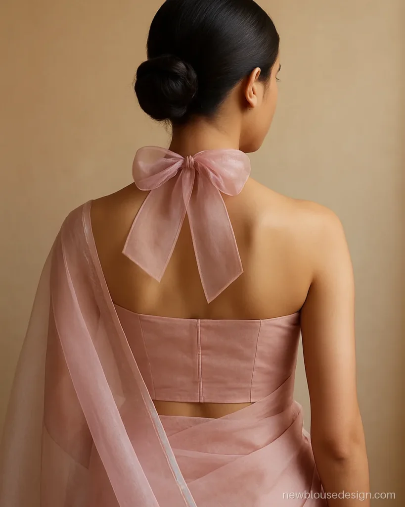 Pink organza blouse with a halter neck and a large bow at the back neck