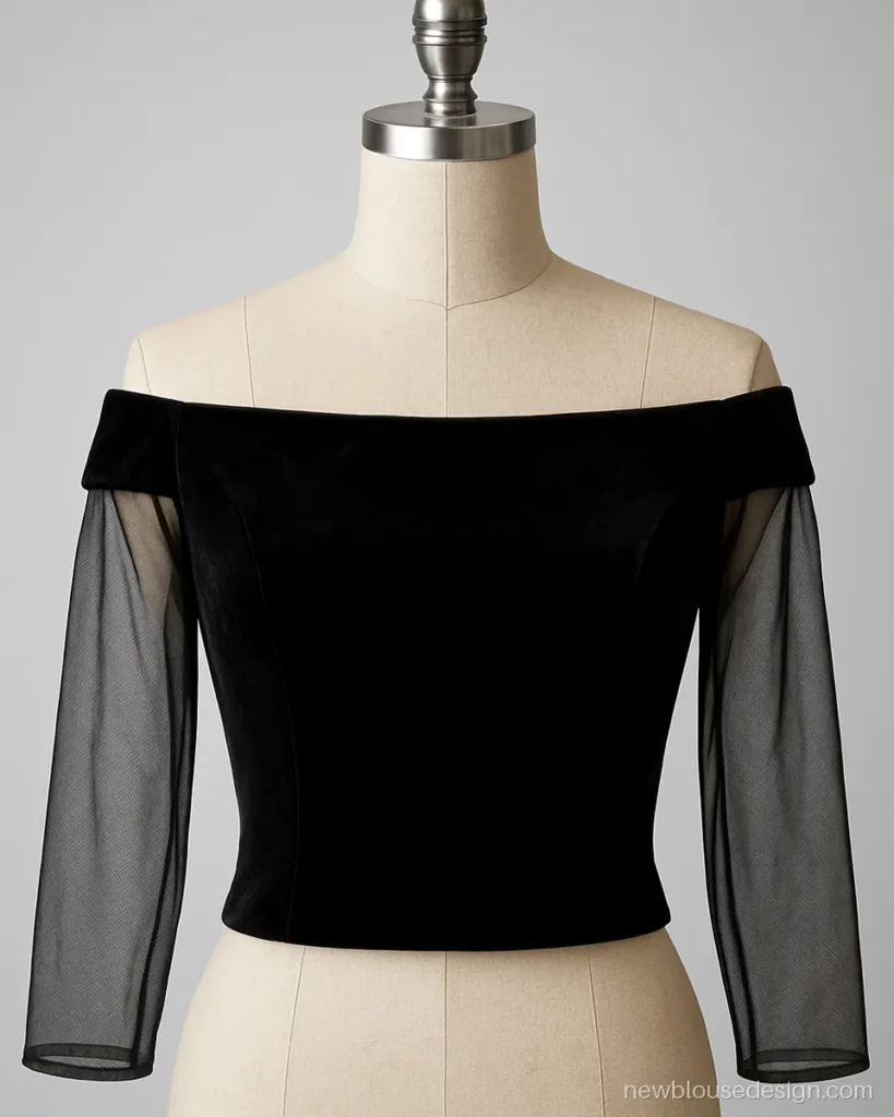Off shoulder black velvet blouse with a straight neckline and sheer sleeves
