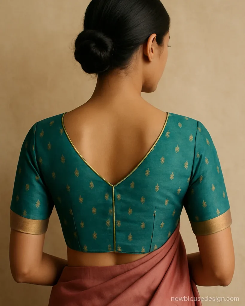 Teal Banarasi brocade blouse with princess cut and a V back