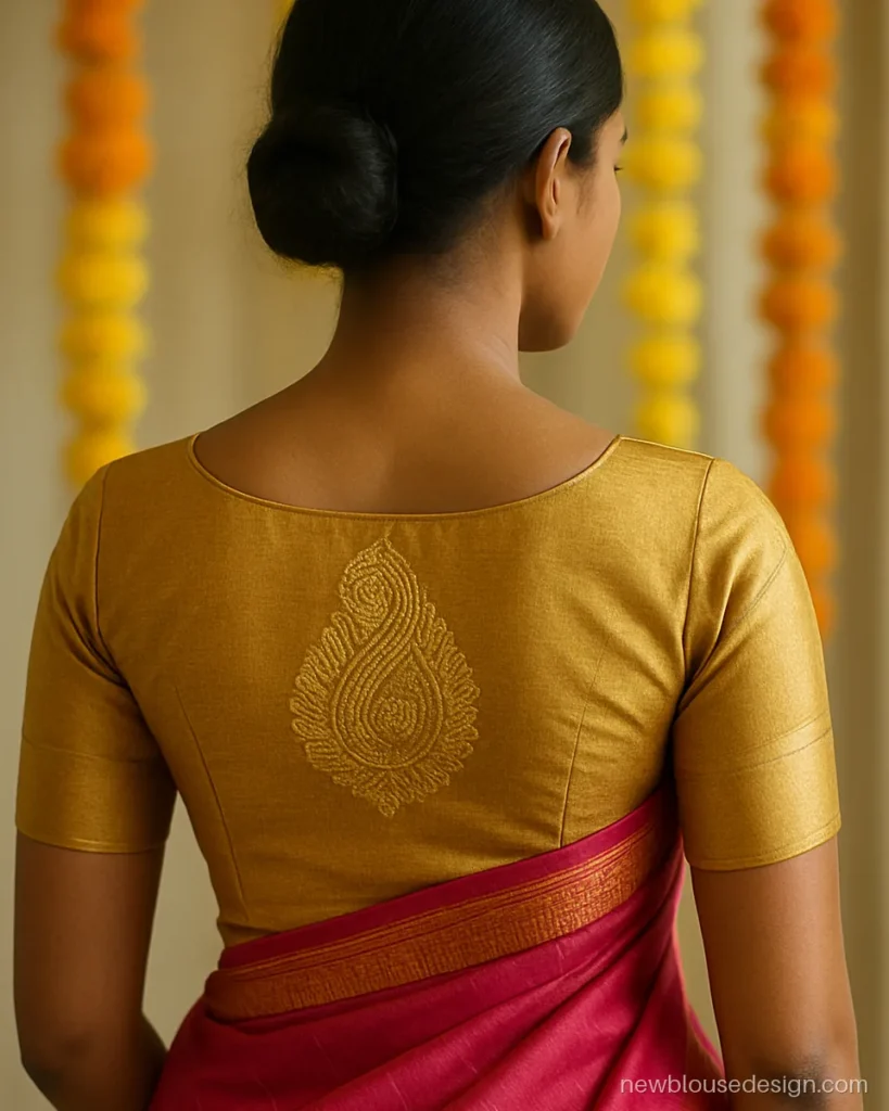 Kanjivaram silk blouse with a gold mango motif back and a round neck