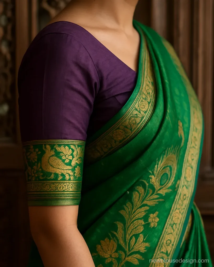 Paithani blouse with a peacock border on elbow sleeves in purple silk