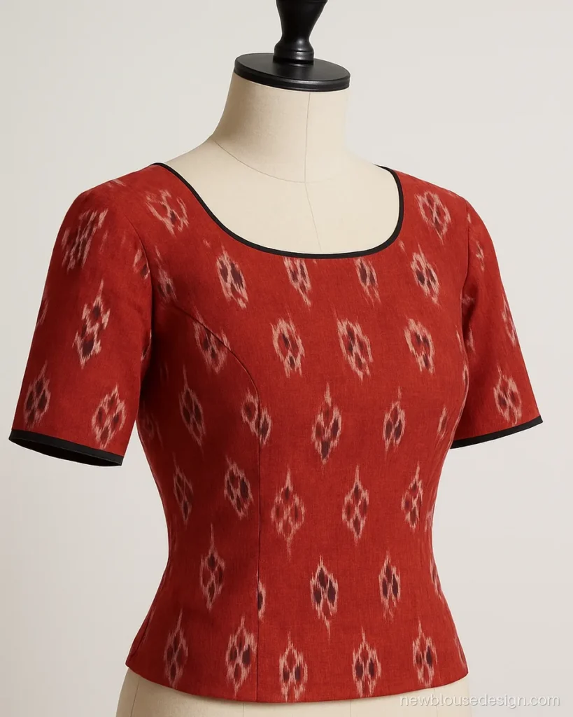 Sambalpuri ikat cotton blouse in red with a boat neck and black piping