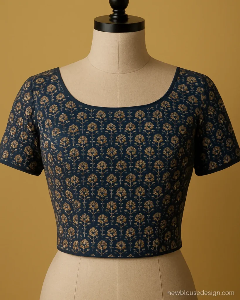Kalamkari print blouse in indigo cotton with a boat neck and short sleeves