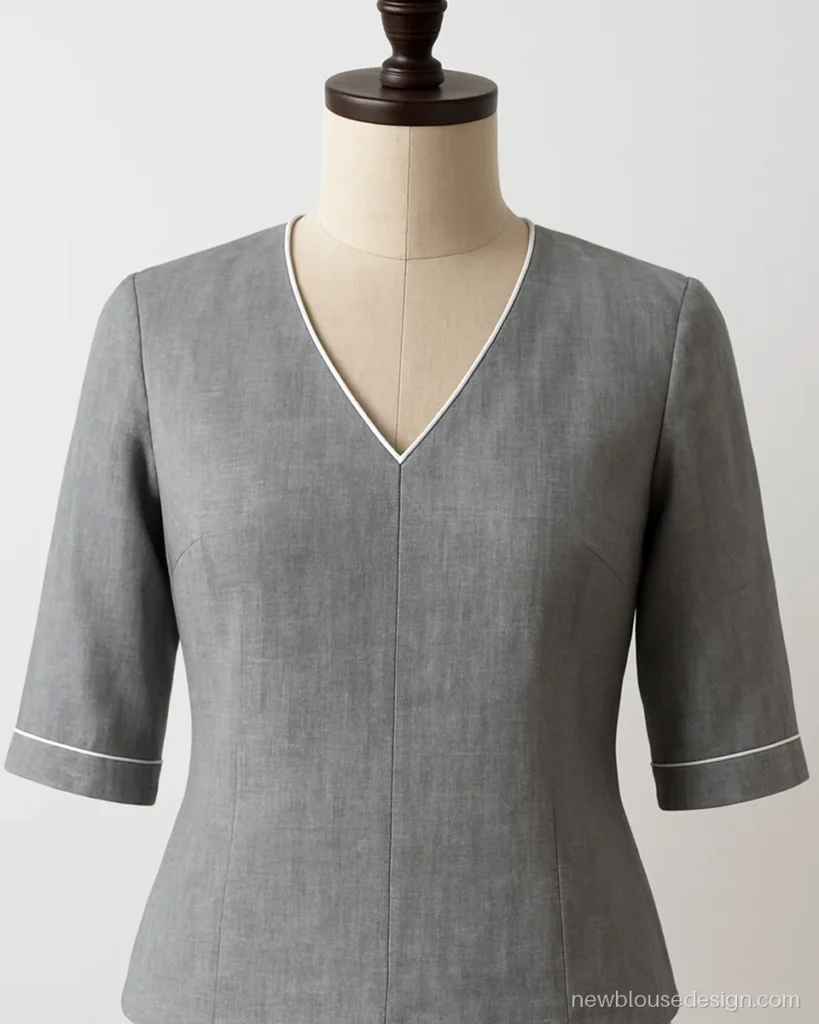Office blouse design in grey linen with a soft V and contrast piping