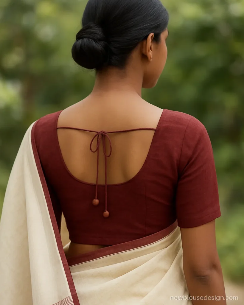Maroon khadi blouse with a simple round back and a single cotton dori
