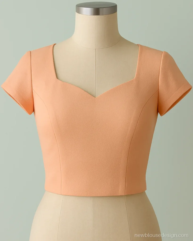 Simple peach crepe blouse with cap sleeves and a sweetheart neck