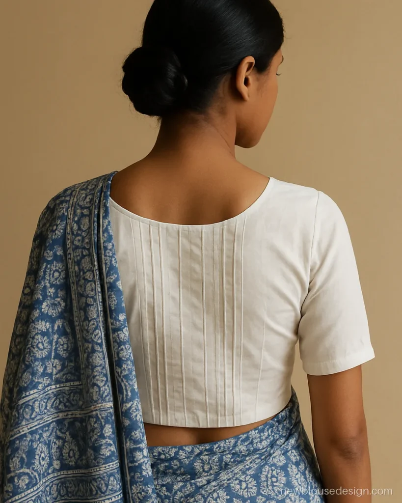 Simple white cotton blouse with pintucks and a small round back