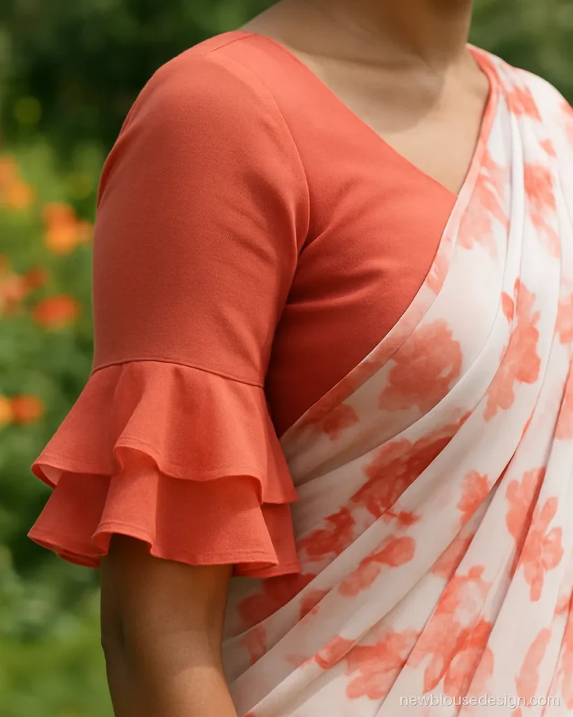 Coral georgette blouse with a double frill at the elbow sleeve