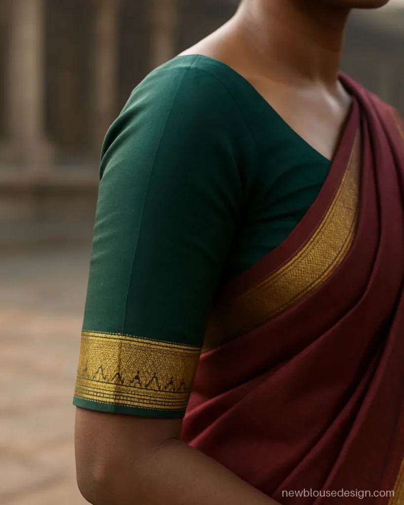 Elbow sleeve blouse ki design in green silk with a gold temple border at the hem
