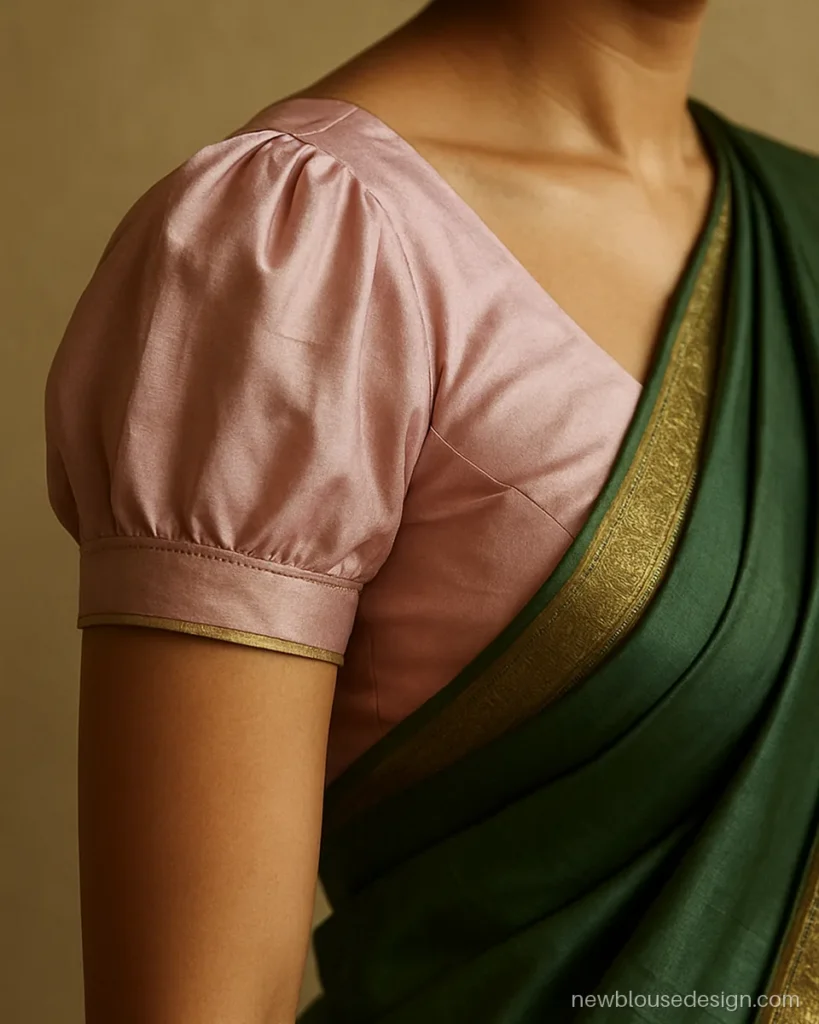 Blouse ka design with short puff sleeves in baby pink silk and gold piping