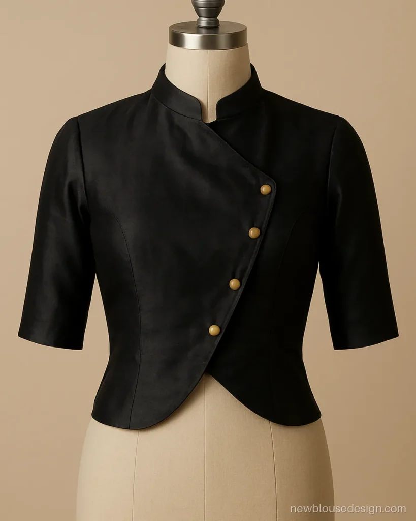 Black silk coat blouse design with angled overlap and gold buttons