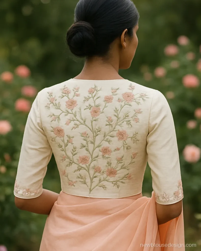 Ivory jacket design blouse back with full aari embroidery panel