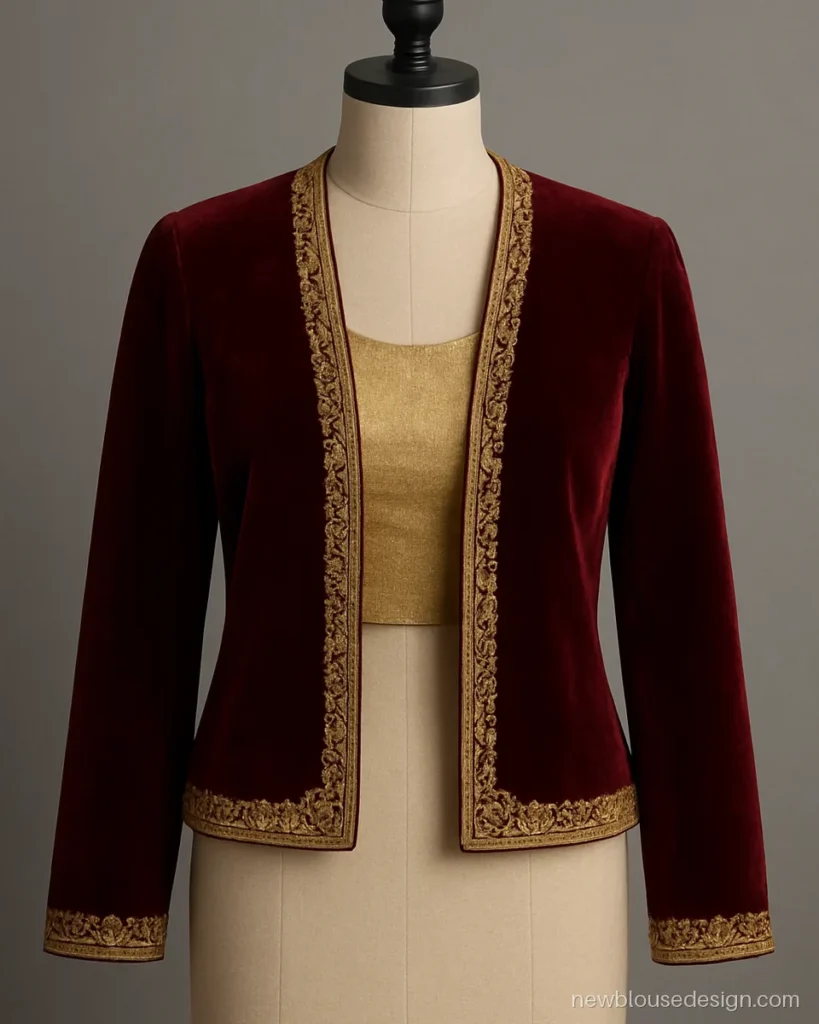 Maroon velvet jacket blouse design with open front over gold tissue blouse