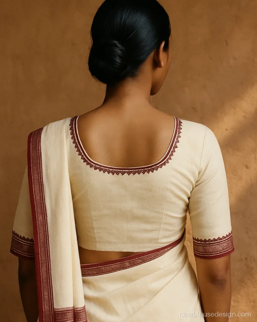 Ivory cotton blouse with round back neck framed by maroon kathpadar border